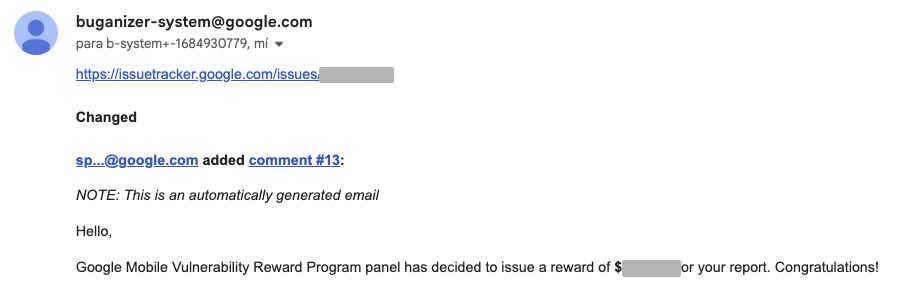 Google Mobile VRP reward notification